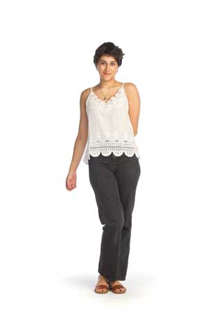 PT-14023 - EMBROIDERED CAMI WITH LACE TRIM - Colors: CORAL, NAVY, TAUPE, MUSTARD - Available Sizes:S-XL - Catalog Page:45 